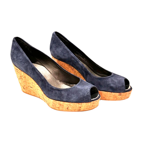 Stuart Weitzman Blue Suede Peep Toe Cork Wedge Shoes Size 8 - Picture 4 of 8